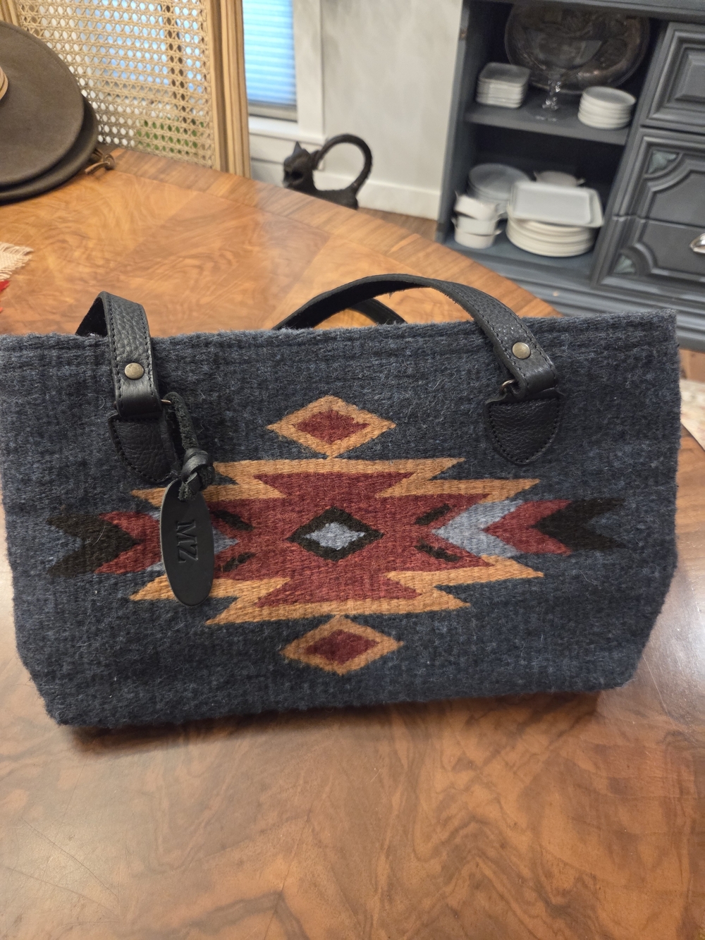 Wool Aztec Pattern Tote Bag - Navy and Rust